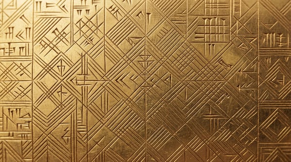 A detailed 4K texture featuring golden metal engraved with cuneiform script and geometric patterns.