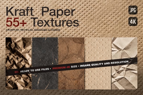 Cover graphic for the 55+ Kraft Paper 4K Textures pack, displaying samples of crumpled, dark recycled, coffee stained, embossed, and folded packaging backgrounds.