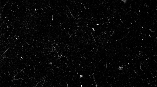A black background with numerous white analog film dust particles and thin, curved scratches.