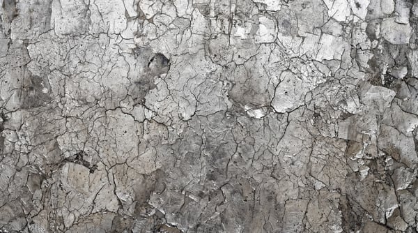 Close-up of a weathered metal surface with heavily cracked and peeling gray paint revealing layers of underlying industrial material.