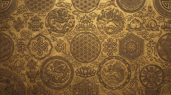 A close-up view of an ornate gold texture featuring intricate carvings of dragons, phoenixes, lotuses, peaches, and geometric symbols.
