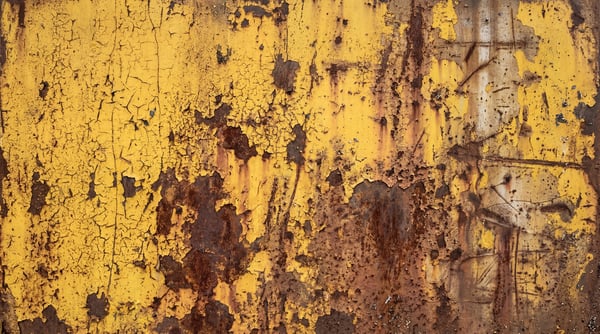 A close-up view of a metal surface with heavily cracked and peeling yellow industrial paint revealing extensive brown rust and oxidized steel patches.