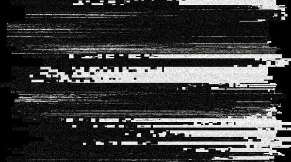 A black and white digital glitch texture with horizontal bands of static noise and pixelation.