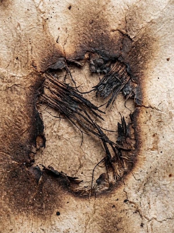 Close-up of aged, textured paper with a distinct burned-out area in the center, revealing frayed, fibrous material.