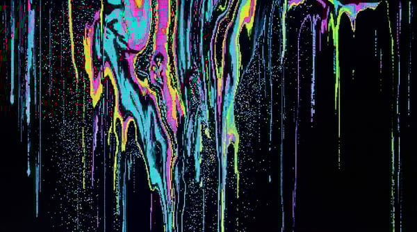 A digital texture featuring vibrant, neon-colored liquid glitch effects dripping downwards against a black background.