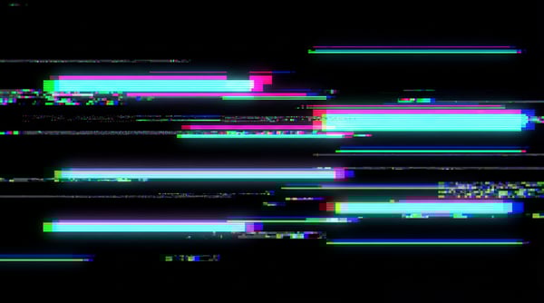 Abstract horizontal glitch texture with cyan, magenta, and green light streaks on a black background.