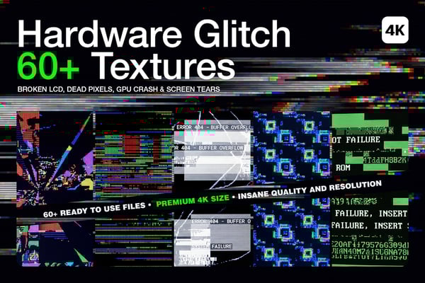 Cover graphic for the 60+ Hardware Glitch 4K Textures pack, displaying a chaotic collage of broken LCD screens, GPU crashes, and corrupted system error overlays on a black background.