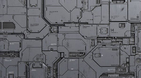 High resolution industrial bulkhead panel with mechanical conduits, heavy plating, and surface scratches.