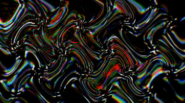 An abstract black background with swirling, wavy patterns of chromatic aberration in red, green, and blue, creating a liquid datamosh effect.