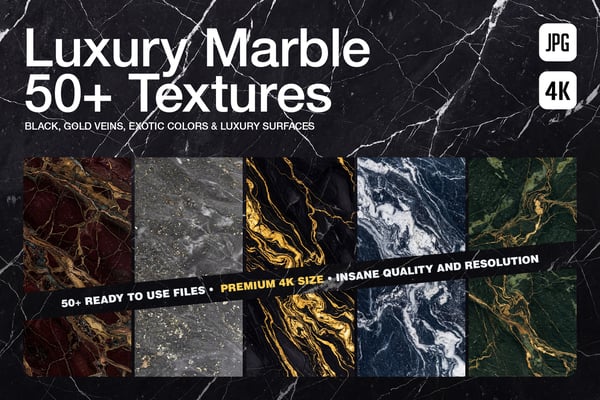 Cover graphic for the 50+ Luxury Marble 4K Textures pack, displaying premium slices of dark exotic stone including blood red, graphite, black with gold veins, midnight blue, and emerald green.