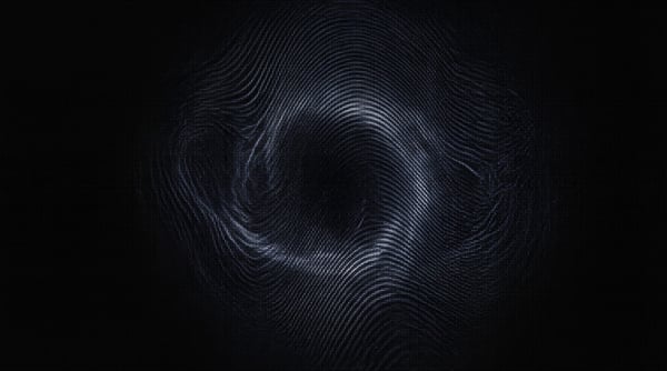 Abstract dark background with swirling, wavy lines resembling magnetic tape distortion.
