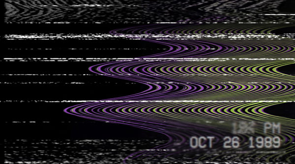 A 4K texture featuring heavy analog glitch effects on black background with distorted purple and green wavy lines and horizontal static, reminiscent of old VHS tapes.