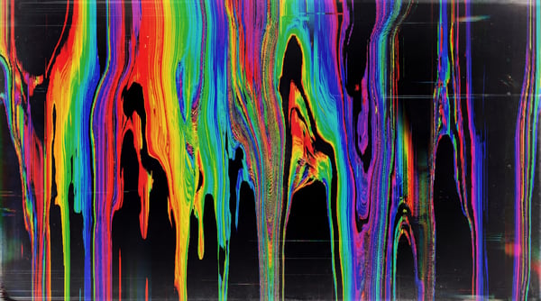 A digital texture featuring vertical streaks of rainbow colors melting downwards against a black background, with subtle digital distortion.