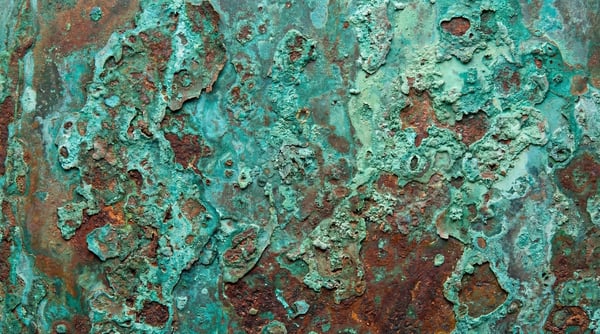 Close-up texture of heavily corroded copper with vibrant blue-green patina and deep orange rust.