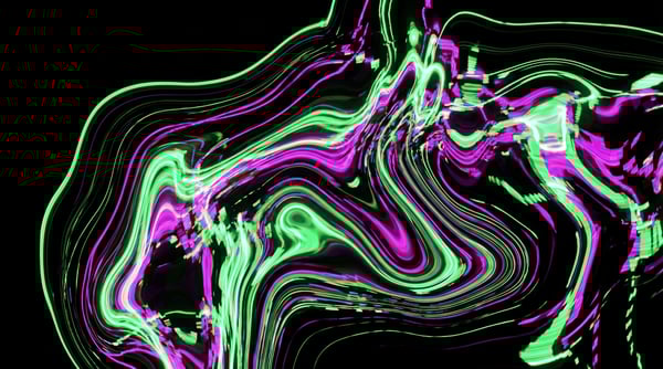 Abstract digital art texture featuring swirling, fluid-like waves of vibrant neon green and magenta, resembling liquid datamoshing with a glitch effect.