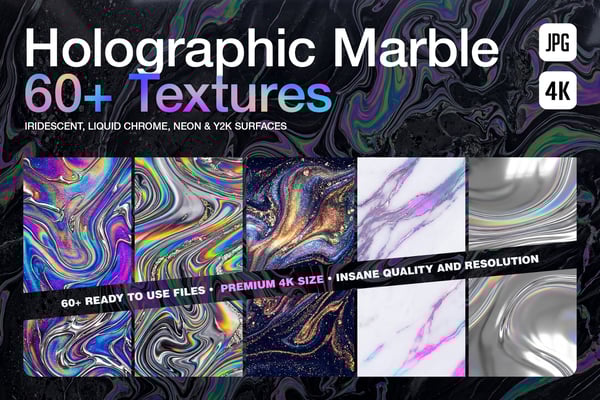 Cover graphic for the 60+ Holographic Marble 4K Textures pack, displaying vibrant slices of iridescent liquid chrome, dark neon marble, and pastel holographic stone.