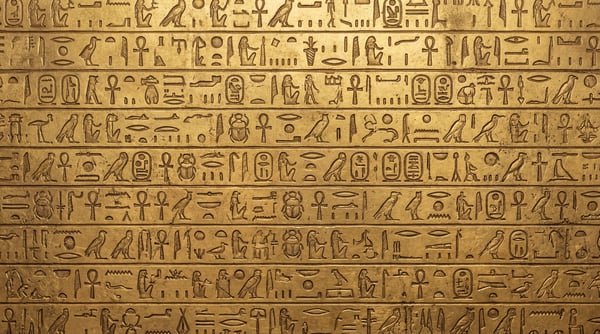 Close-up of a golden surface intricately carved with Egyptian hieroglyphs.