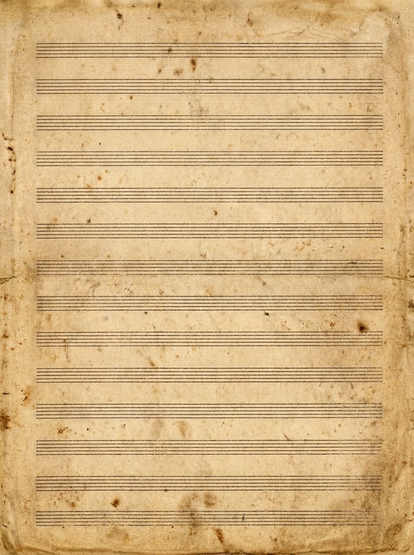 A textured, aged manuscript paper background with horizontal music staves and visible dirt and stains.