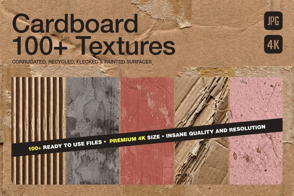 Cover graphic for the 100+ Raw Cardboard 4K Textures pack, displaying vertical slices of corrugated packaging, grey recycled fiberboard, painted red cardboard, and torn kraft surfaces.