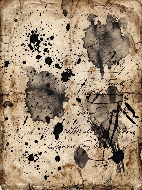 A textured, aged parchment paper background with numerous black ink splatters and faint handwritten script.