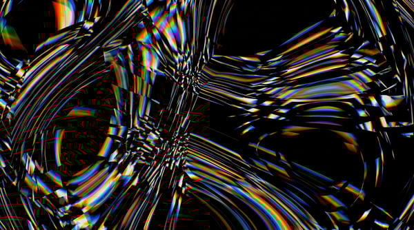 Abstract 4K texture with swirling, distorted chromatic aberration and liquid datamosh effects against a black background.