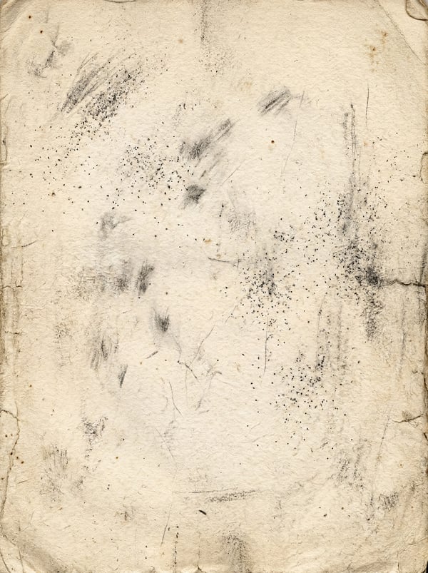 A vintage, off-white paper texture with visible dark ink splatters and smudges, subtle creases, and edge wear.