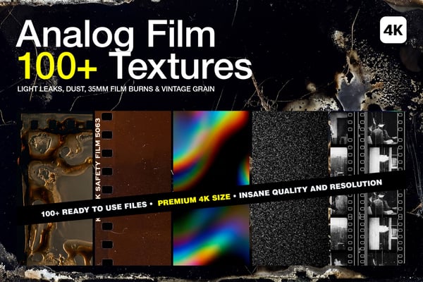 Cover graphic for the 100+ Analog Film 4K Textures pack, displaying a cinematic collage of 35mm film strips, optical light leaks, heavy grain, and vintage film burns on a dark background.